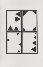 Abstrakcyjna praca w technice linorytu na papierze, kompozycja geometryczna, w kolorach czerni i bieli, płaszczyzna obrazu podzielona dwoma czarnymi krzyżującymi się po środku liniami na cztery części, w każdej z nich cztery kształty w różnych konfiguracj