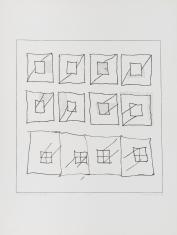 Abstrakcyjna praca w technice linorytu na papierze, utrzymana w czerni i bieli kompozycja geometryczna wykorzystująca formę kwadratu, cztery przekreślone kwadraty znajdują się w każdym z trzech rzędów. .