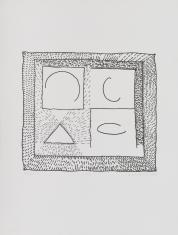 Abstrakcyjna praca w technice linorytu na papierze, kompozycja nieregularnych form, których pola opartych na podziale kwadratu wypełnione są różnymi okładami linii.