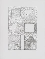 Abstrakcyjna praca w technice linorytu na bibule, kompozycja geometryczna w pionie oparta na figurze kwadratu powtarzającej się w wyższej partii pracy i rodzaju schodków i trójkąta w najniższej partii.