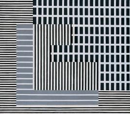 Kompozycja abstrakcyjna, geometryczna w kolorach czarnym, białym i szarym, układającym się w poziome i pionowe pasy, a w górnej części po prawej stronie w biało-czarną kratę.