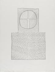 Rysunek ołówkiem na papierze, złożony z form geometrycznych całkowicie wypełniony kreskami o nieregularnym przebiegu.