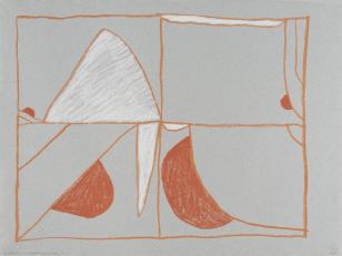 Rysunek kolorową kredką na szarym papierze, przedstawia oranżowe linie dzielące kompozycję na 4 prostokąty, w których umieszczone zostały okonturowane płaszczyzny barwne (białe i oranżowe).