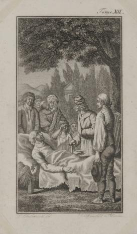  Joseph Georg Mansfeld, Scena przedstawiająca zgromadzonych wokół umierającego (Ilustracja do niezidentyfikowanego wydawnictwa).