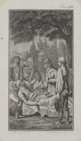  Joseph Georg Mansfeld, Scena przedstawiająca zgromadzonych wokół umierającego (Ilustracja do niezidentyfikowanego wydawnictwa)