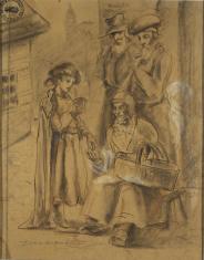 Rysunek przedstawiający grupę czterech postaci. Siedząca na stołku kobieta z koszem na kolanach odbierająca pieniądze od stojącej przy niej z lewej strony dziewczynki. Dziewczynka w długiej sukience i narzuconym na ramiona płaszczu, w prawej ręce butelka 
