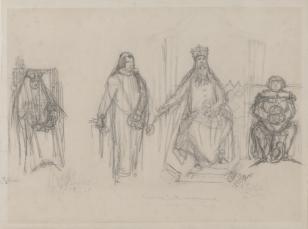 Szkic ołówkowy czterech postaci m. in. króla i z lewej strony karty księżnej. Pośrodku u dołu napis [autorski?] : 