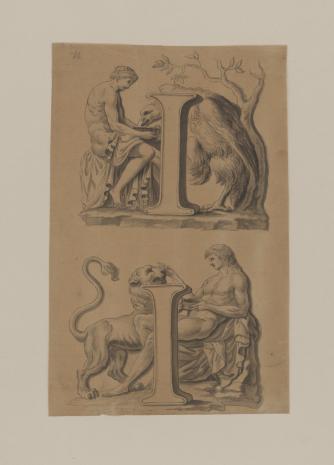  autor nieznany, Dwie kompozycje na jednej planszy, kopie z rzeźb antycznych: 1. Mężczyzna pojący orła 2. Mężczyzna pojący lwa