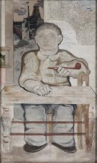 Portret młodego robotnika - mężczyzna siedzi za drewnianym biurkiem, w lewej ręce opartej łokciem o oparcie stojącego bokiem krzesła na którym siedzi, trzyma czerwoną fajkę. W tle ciemny budynek fabryki. Kolory tła i postaci ograniczone do beżów i brązów 