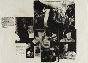 Na białym tle kolaż z kilku czarno-białych fotografii przedstawiających muzyków przy pracy, z odręcznymi dopiskami.