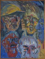Obraz w orientacji pionowej, w niebiesko-żółtej kolorystyce. Przedstawia twarze 5 mężczyzn, wykrzywione w gwałtownych grymasach. Jedna z postaci domalowane ma rogi. W lewej części dodany jest napis wielkimi literami: PIJANE GŁOWY 