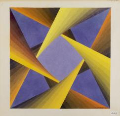 Kompozycja abstrakcyjna z przeplatających się ukośnie, skręconych pasów w kolorach żółcieni na jednolitym tle. Wstęgowe formy tworzą sieć, której wnętrze ma kształt  gwiazdy czteroramiennej  w kolorze jasnego filetu. Format pracy bliski kwadratowi.