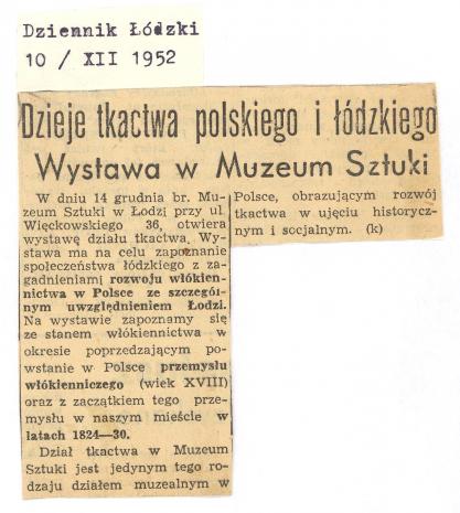 Dzieje tkactwa polskiego i łódzkiego. Wystawa w Muzeum Sztuki