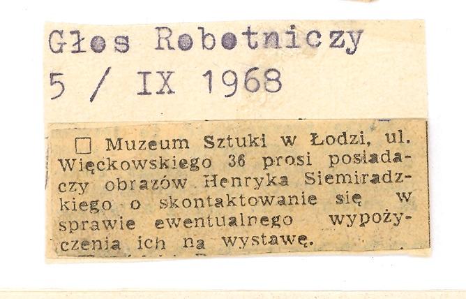 Muzeum Sztuki w Łodzi, ul.Więckowskiego 36 prosi posiadaczy obrazów Henryka Siemiradzkiego [...]