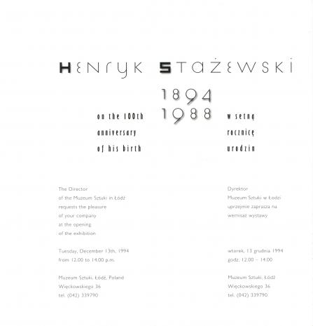 [Zaproszenie] Henryk Stażewski 1894-1988. W setną rocznicę urodzin/On the 100th anniversary of his birth [...]