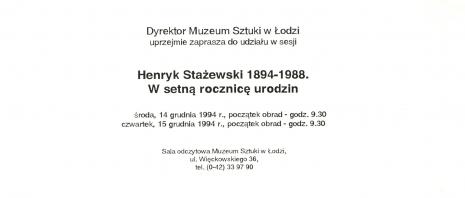 [Zaproszenie] Henryk Stażewski 1894 - 1988. W setną rocznicę urodzin [...]