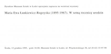 [Zaproszenie] Maria Ewa Łunkiewicz - Rogoyska (1895 - 1967). W setną rocznicę urodzin [...]
