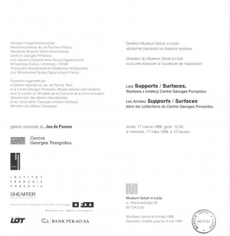 [Zaproszenie] Lata Supports / Surfaces. Wystawa z kolekcji Centre Georges Pompidou[...]/ Les Années Support / Surfaces dans les collections du Centre Georges Pompidou [...]