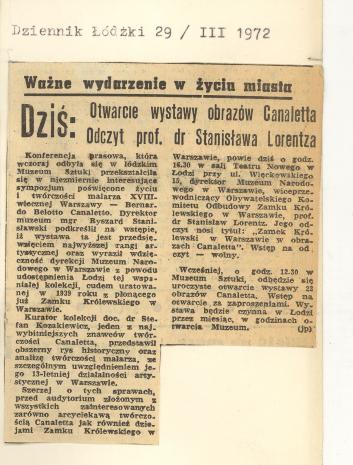 Otwarcie wystawy obrazów Canaletta. Odczyt prof.dr  Stanisława Lorentza