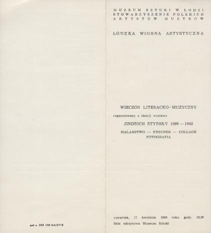 [Ulotka/Program] Wieczór literacko-muzyczny organizowany z okazji wystawy Jindrich Styrsky 1899-1942 [...]