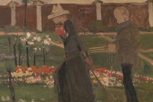 Na obrazie malowanym w przygaszonej tonacji dwie groteskowo ukazane postacie zwrócone twarzami w lewą stronę, jedna w papierowym kapeluszu, druga z odkrytą głową, znajdują się w ogrodzie, kompozycję zamyka wysoki mur w tle. 