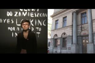 Kadr podzielony na dwie części, po lewej stronie kuratorka wystawy na tle liter tytułu pisanych białą farbą na czarnym tle, po prawej stronie widok na budynek Archiwum Państwowego w Łodzi. 