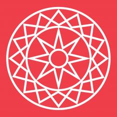 Okładka książki. Na czerwonym tle okrąg wypełniony geometrycznym, gwiaździstym wzorem.