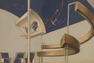 Rysunek przedstawiajacy futurystyczną przestrzeń - trzy fotele po lewej, półkoliste formy po prawej, na granatowym sklepieniu gwiazdozbiory i samoloty.