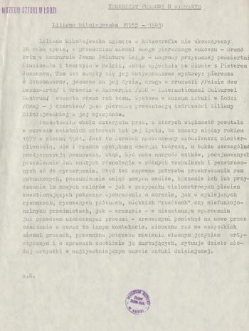 [Komunikat prasowa] Komunikat prasowy o wystawie Liliana Mikołajewska (1955-1981)
