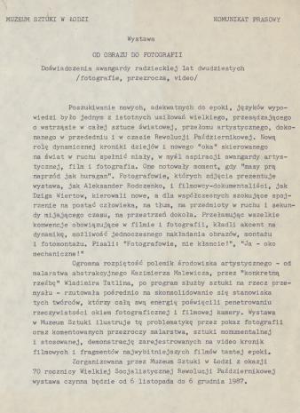 [Komunikat prasowy] Wystawa Od obrazu do fotografii. doświadczenia awangardy radzieckiej lat dwudziestych (fotografie, przezrocza, video)