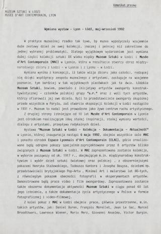[Komunikat prasowy] Wymiana wystaw - Lyon - Łódź, maj-wrzesień 1992.