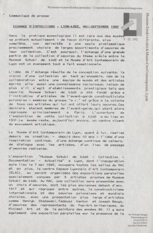 [Komunikat prasowy] Echange d'expositions - Lyon-Łódź, mai-septembre 1992