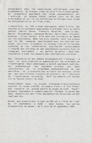 [Komunikat prasowy] Echange d'expositions - Lyon-Łódź, mai-septembre 1992