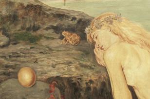 Fragment obrazu olejnego przedstawiajacy opartą czołem o skałę śpiącą dziewczynę w koronie, siedzącą przed nią żabę i złotą kulę po lewej stronie kompozycji.  
