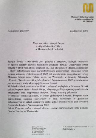 [Komunikat prasowy] Program video - Joseph Beuys [...]
