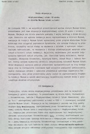 [Komunikat prasowy] Stała ekspozycja międzynarodowej sztuki XX wieku ze zbiorów Muzeum Sztuki w Łodzi [1992]