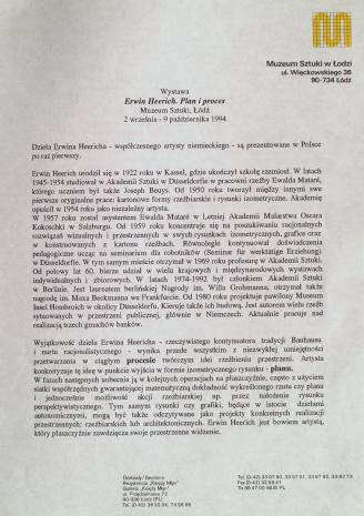 [Komunikat prasowy] Wystawa Erwin Heerich. Plan i proces, Muzeum Sztuki Łódź. 2 września - 9 października 1994.