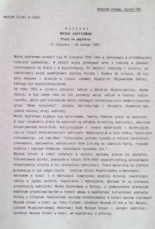 [Komunikat prasowy] Wystawa Moshe Kupferman Prace na papierze 12 stycznia - 28 lutego 1993.