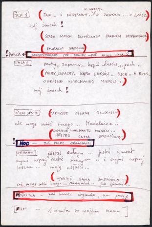 Zbiór dokumentów Grupy Kompozytorskiej KEW (1973-77): Notatki do utworu  „Drugi poemat tajemny” rozpoczynające się do słowa „Fala 1”. Rękopis. Utwór „Second secret poem” wykonany został w Kulturhuset w Sztokholmie, 7 maja 1975 roku podczas Fylkingen Internationell Musik Och Intermediafestival. Nr inw. D.S. 51_4
