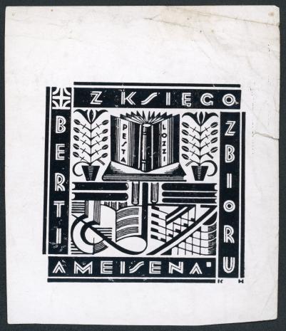 Karol Hiller, Ekslibrisy, 1922- 1926. Ekslibris Z księgozbioru Berti Ameisena, ok. 1923-26 ; cynkografia, papier, 6 x 6 cm. Sygn. D.S. 4/74_1