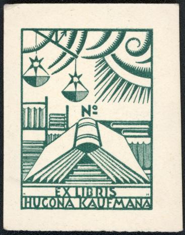 Karol Hiller, Ekslibrisy, 1922- 1926. Ekslibris Hugona Kaufmana, ok. 1923-26 ; cynkografia, papier, 4,7 x 3,4 cm. Sygn. D.S. 4/76_2