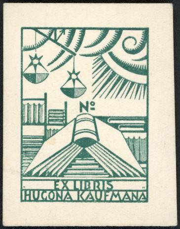 Karol Hiller, Ekslibrisy, 1922- 1926. Ekslibris Hugona Kaufmana, ok. 1923-26 ; cynkografia, papier, 4,7 x 3,4 cm. Sygn. D.S. 4/76_3