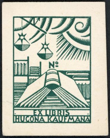 Karol Hiller, Ekslibrisy, 1922- 1926. Ekslibris Hugona Kaufmana, ok. 1923-26 ; cynkografia, papier, 4,7 x 3,4 cm. Sygn. D.S. 4/76_1