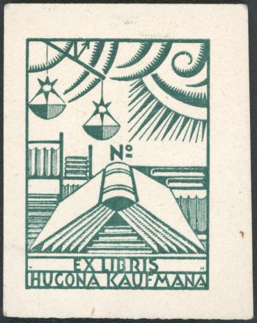 Karol Hiller, Ekslibrisy, 1922- 1926. Ekslibris Hugona Kaufmana, ok. 1923-26 ; cynkografia, papier, 4,7 x 3,4 cm. Sygn. D.S. 4/76_4