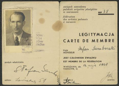 Legitymacja członkowska Związku Zawodowego Polskich Artystów Plastyków wystawiona dla Stefana  Samborskiego w 1938 roku, 1942 