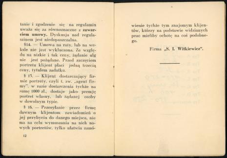 Regulamin Firmy Portretowej prowadzonej Stanisława Ignacego Witkiewicza w Warszawie, 1928