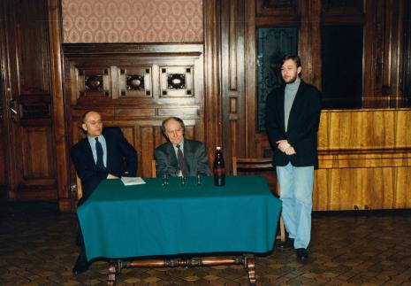 Konferencja prasowa w sali odczytowej ms, dyr. Jaromir Jedliński, Stanislav Kolibal, Artur Zaguła (Dział Rysunku i Grafiki Nowoczesnej)