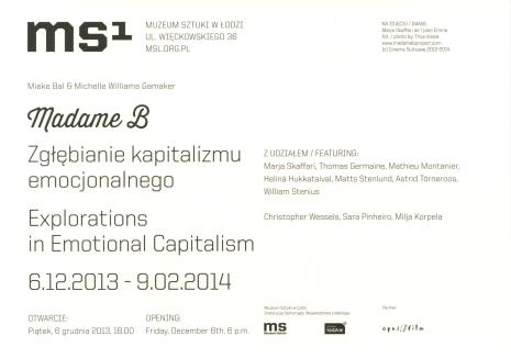 [Zaproszenie] Mieke Bal & Michelle Wiliams Gamaker. Madame B. Zgłębianie kapitalizmu emocjonalnego/ Explorations in Emotional Capitalism 